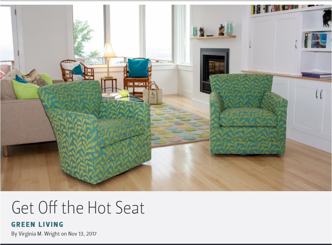 In a Portland living room, versatile, non-toxic Natalie Swivel Chairs from Endicott Home Furnishings were upholstered in the client’s own material to match a cheerful palette.