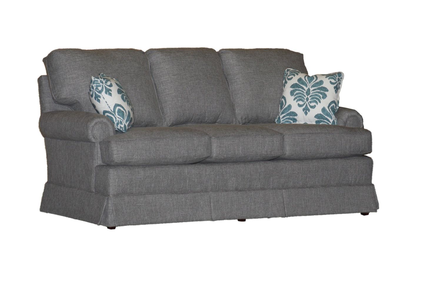 Temple American New England Classic Panel Arm Skirted 3-cushion 74" sofa at promotional price with select performance fabrics from Endicott Home - 02